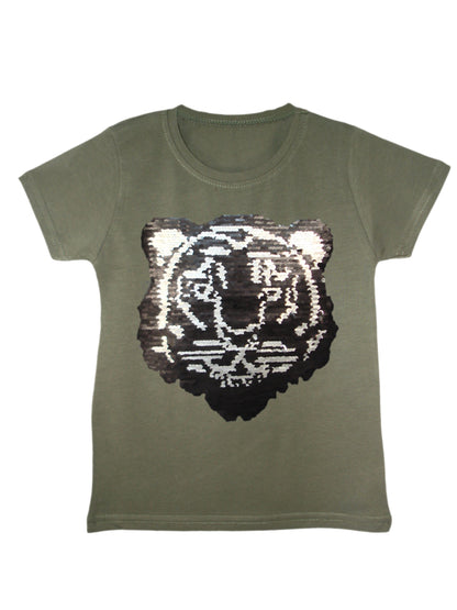 Kids Tiger Brush Changing Sequin T-Shirt - Khaki