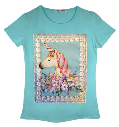 Girls Unicorn Floral Pearls T-Shirt