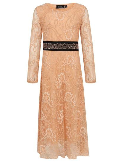 Girls Floral Lace Maxi Dress - Dark Peach