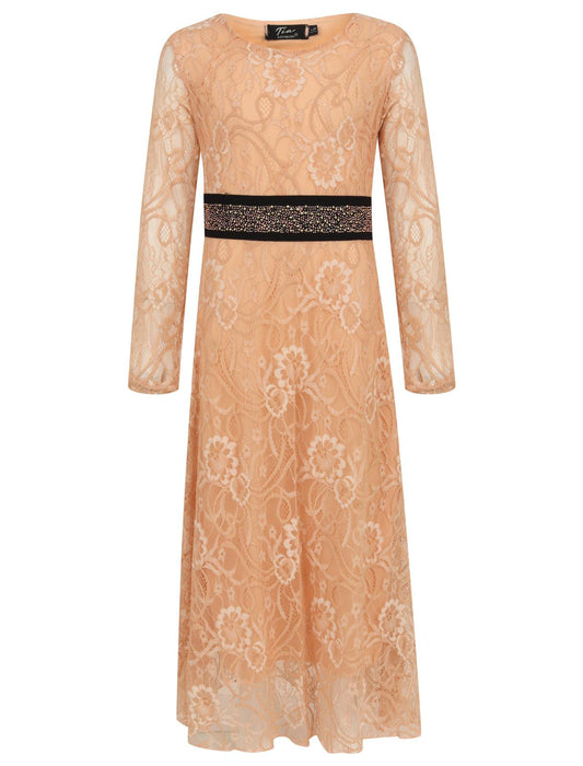 Girls Floral Lace Maxi Dress - Dark Peach