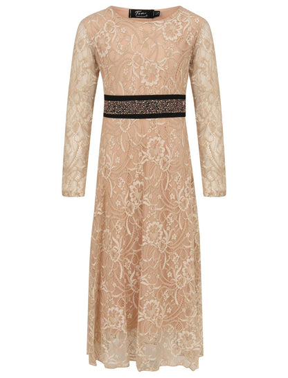 Girls Floral Lace Maxi Dress - Light Peach