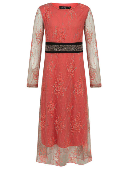 Girls Floral Lace Maxi Dress - Coral
