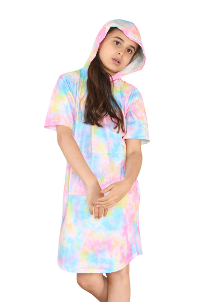 Girls Tie Dye Long Hooded T-Shirt Dress