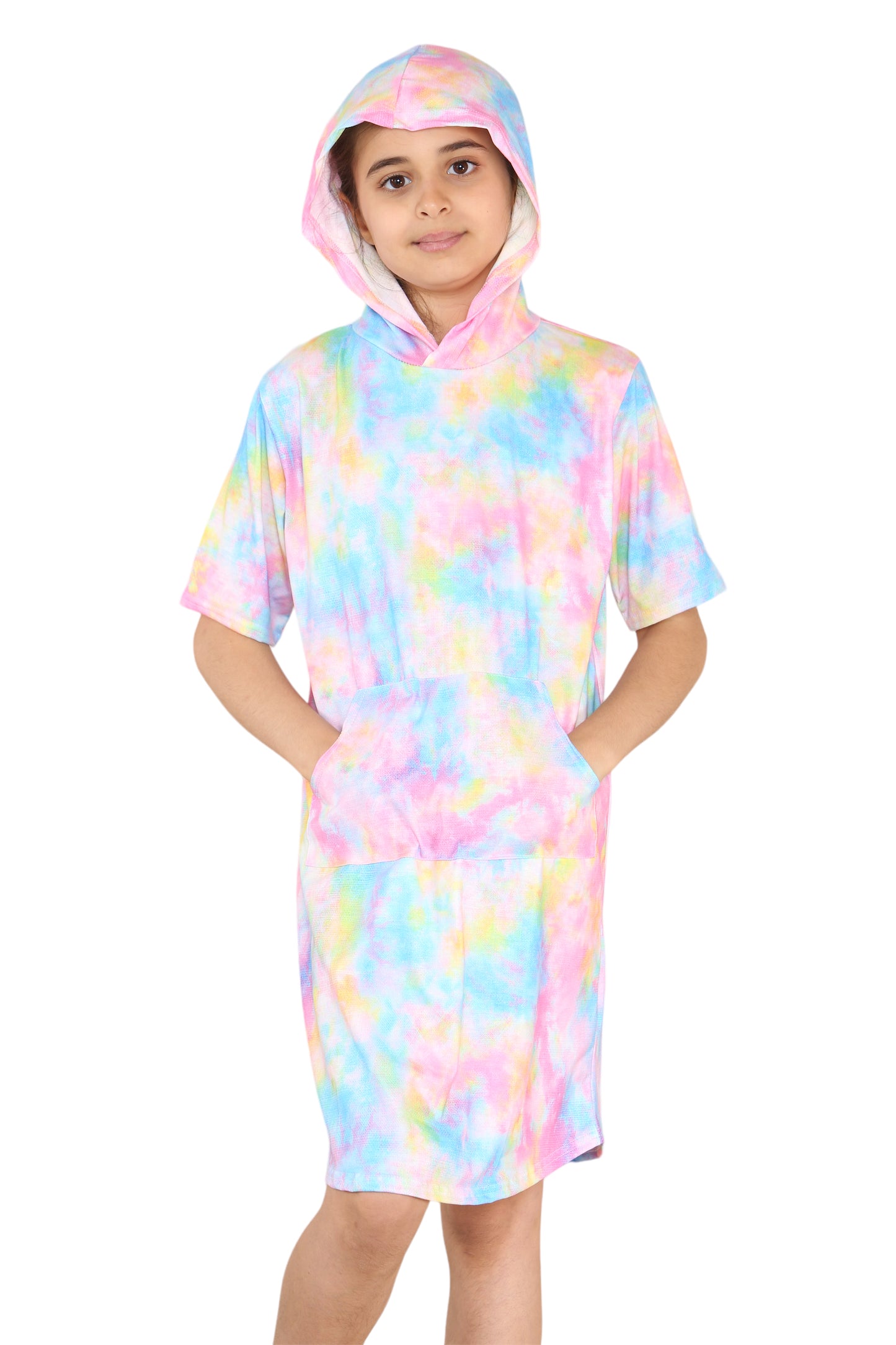 Girls Tie Dye Long Hooded T-Shirt Dress
