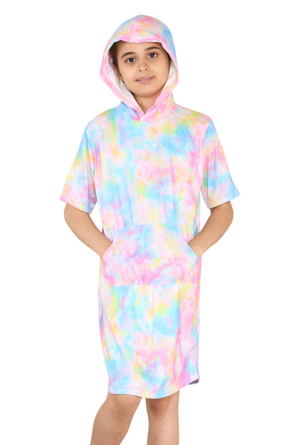 Girls Tie Dye Long Hooded T-Shirt Dress