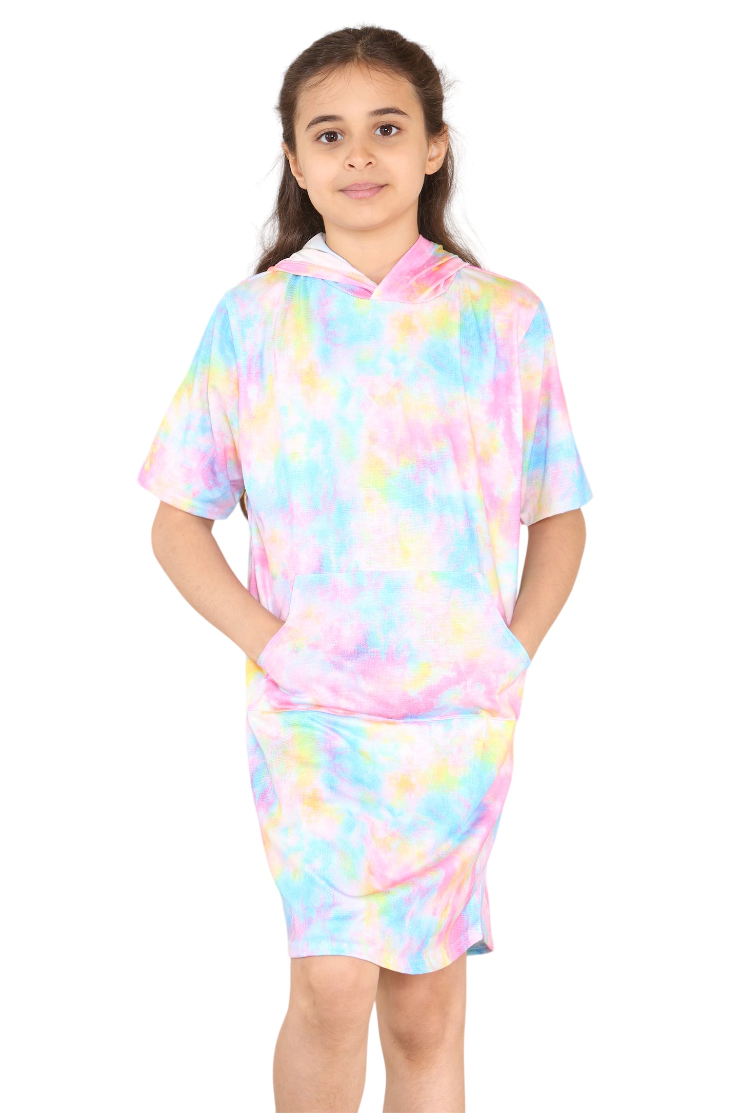 Girls Tie Dye Long Hooded T-Shirt Dress