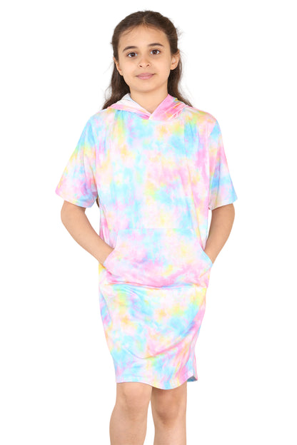 Girls Tie Dye Long Hooded T-Shirt Dress