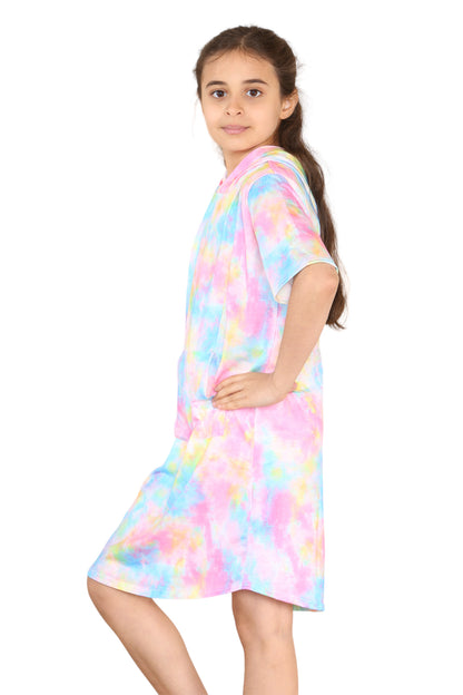 Girls Tie Dye Long Hooded T-Shirt Dress