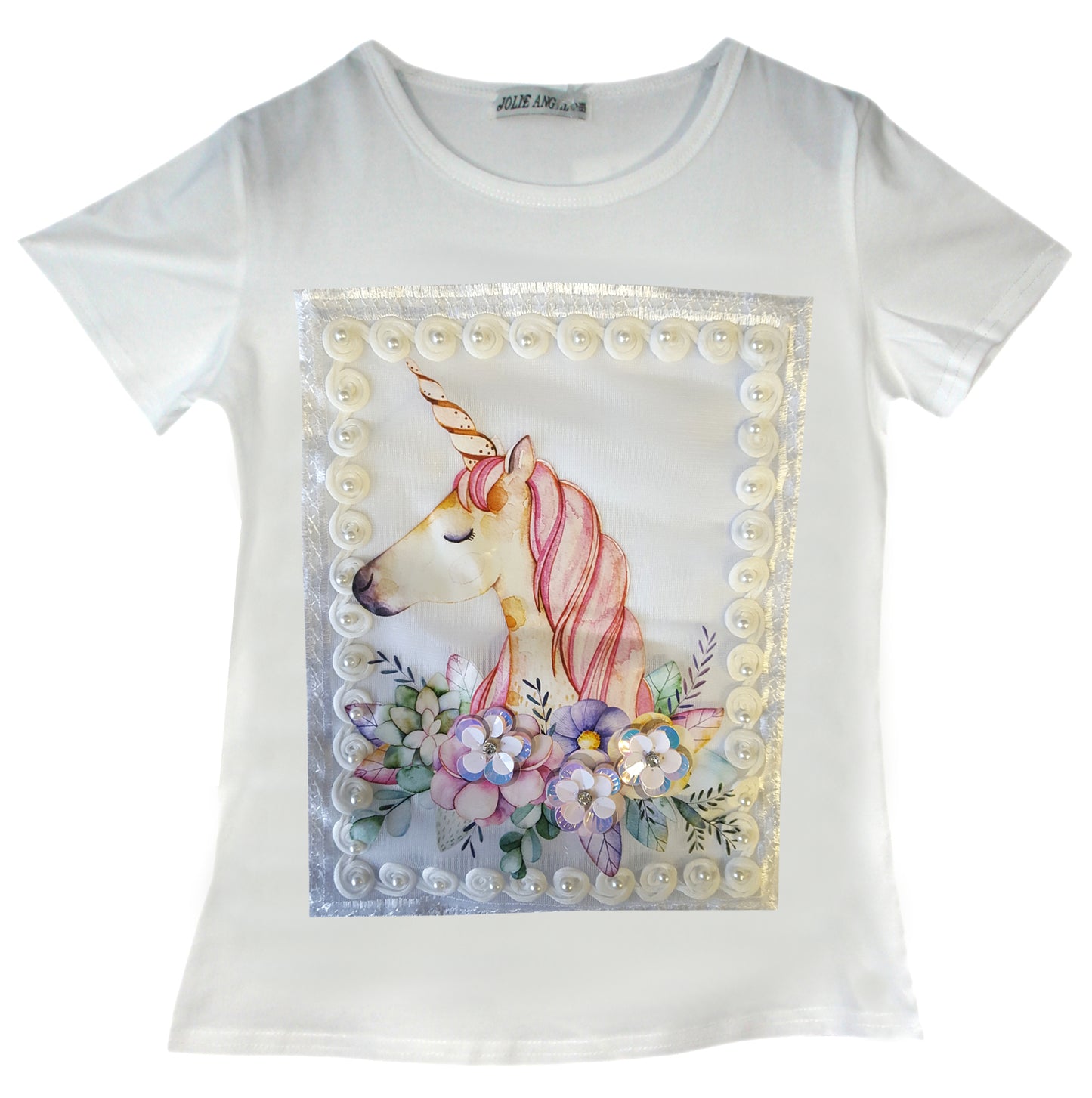 Girls Unicorn Floral Pearls T-Shirt