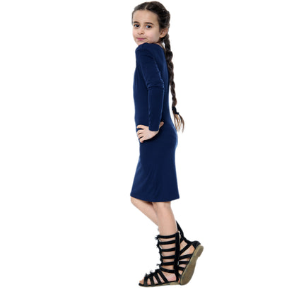 Girls Long Sleeve Bodycon Midi Dress - Navy