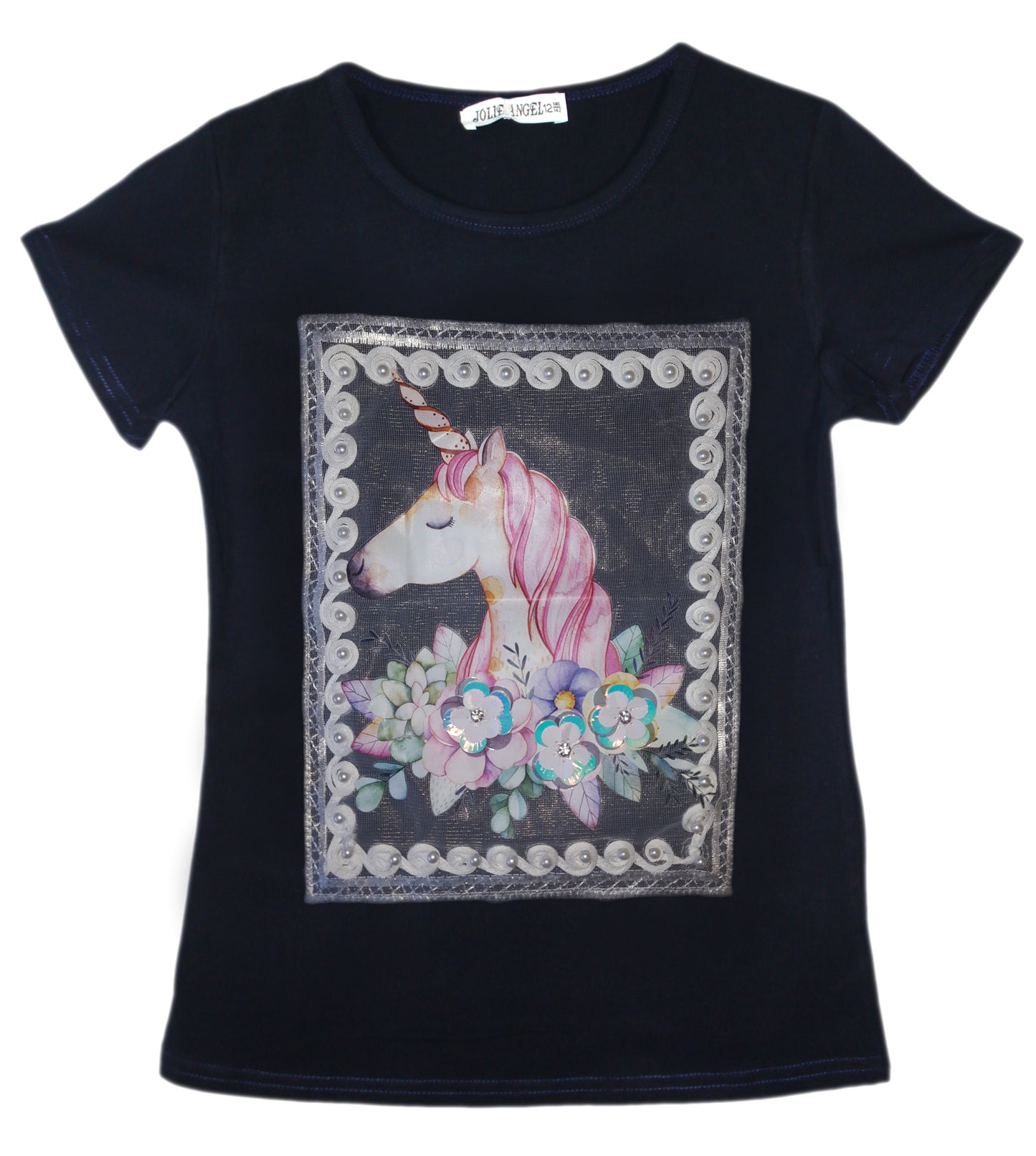 Girls Unicorn Floral Pearls T-Shirt
