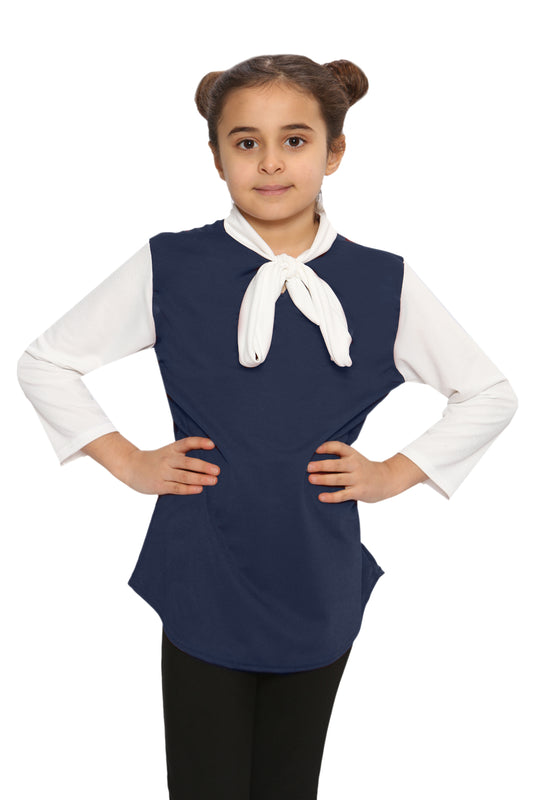 Girls Contrast Collar Tie Bow Knot Tops - Navy
