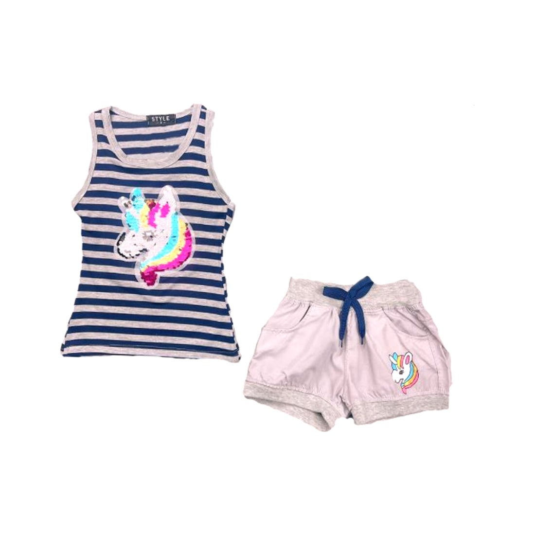 Girls Unicorn Striped Sequin Shorts Set Vest Top Outfit