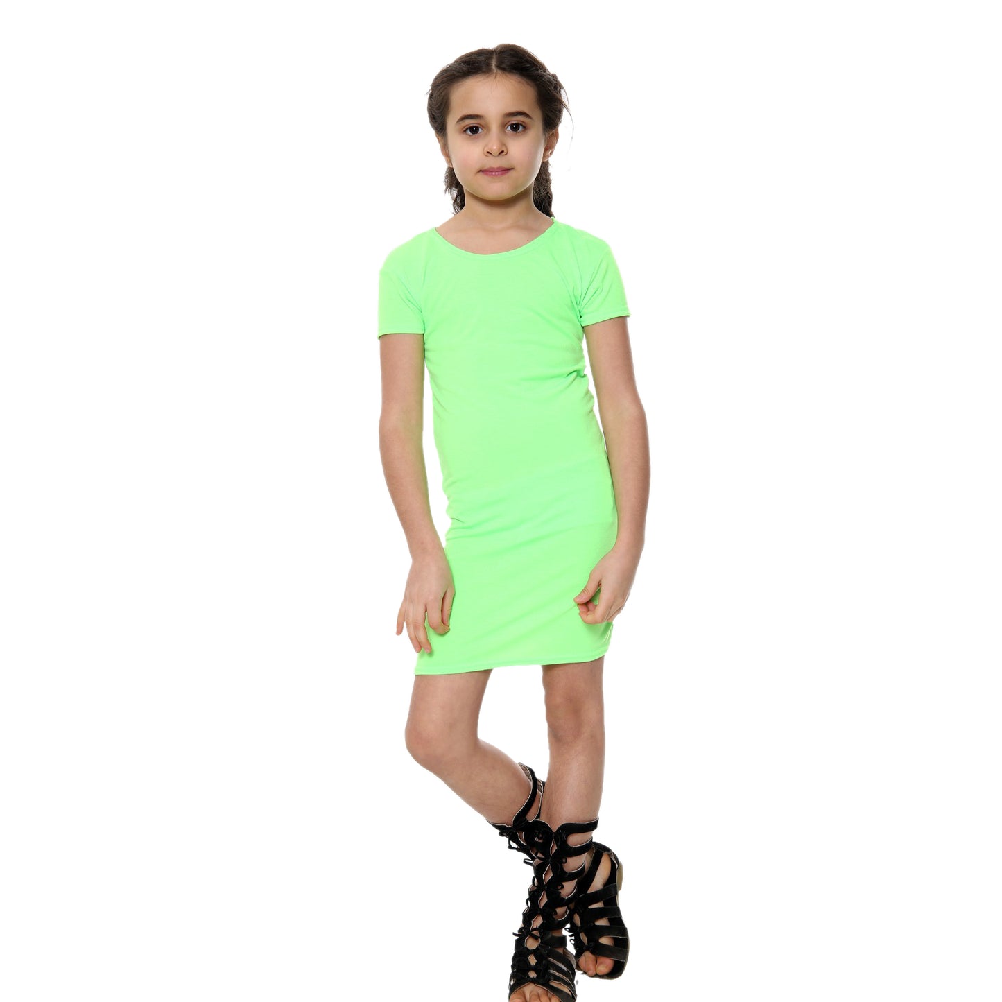 Girls Bodycon Midi Plain Dress - Neon Green