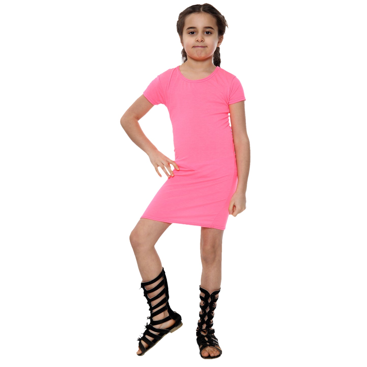 Girls Bodycon Midi Plain Dress - Neon Pink