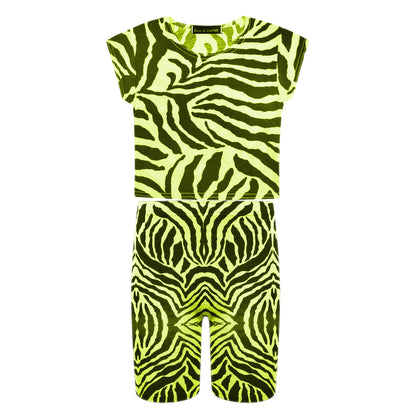 Girls Zebra Print Neon Crop Tops & Shorts