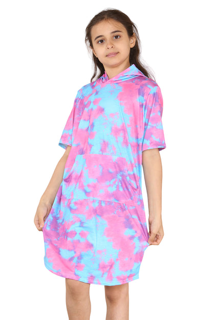 Girls Tie Dye Long Hooded T-Shirt Dress