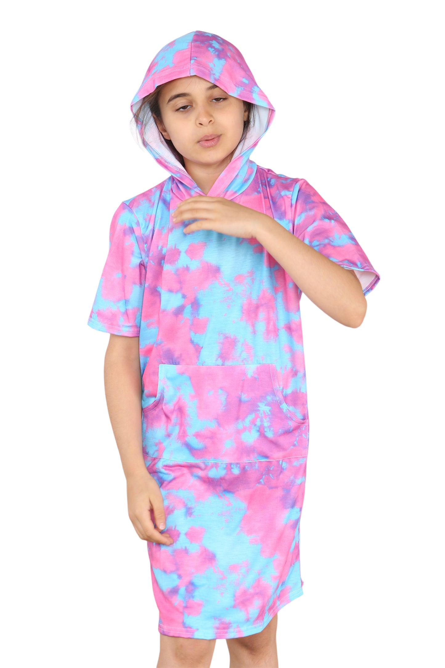 Girls Tie Dye Long Hooded T-Shirt Dress