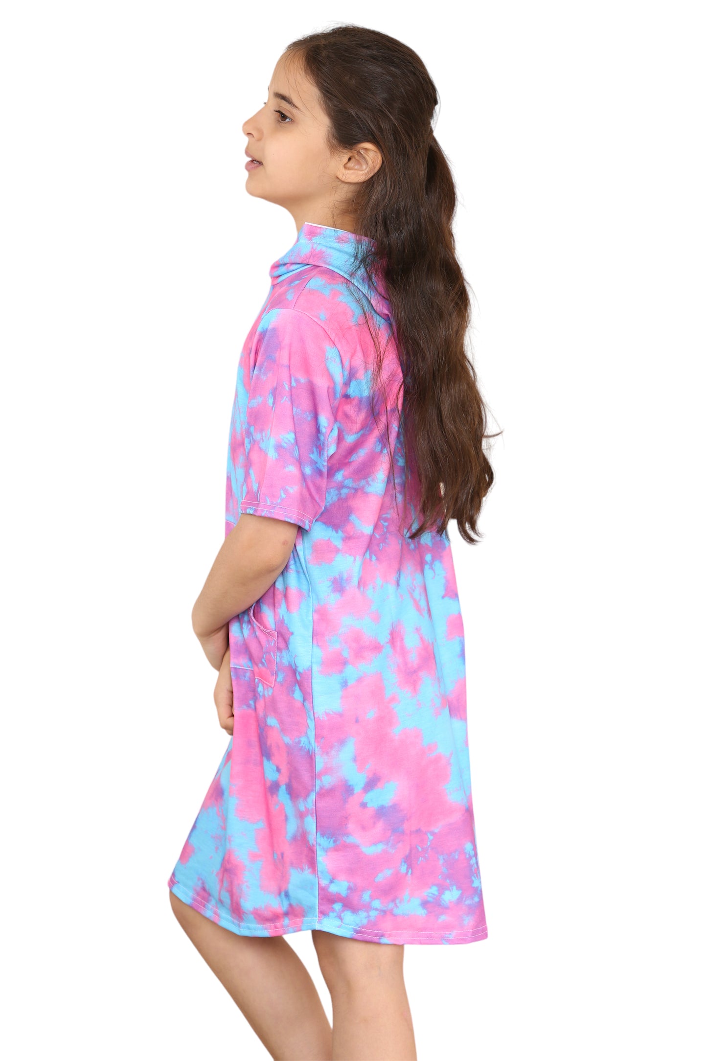 Girls Tie Dye Long Hooded T-Shirt Dress