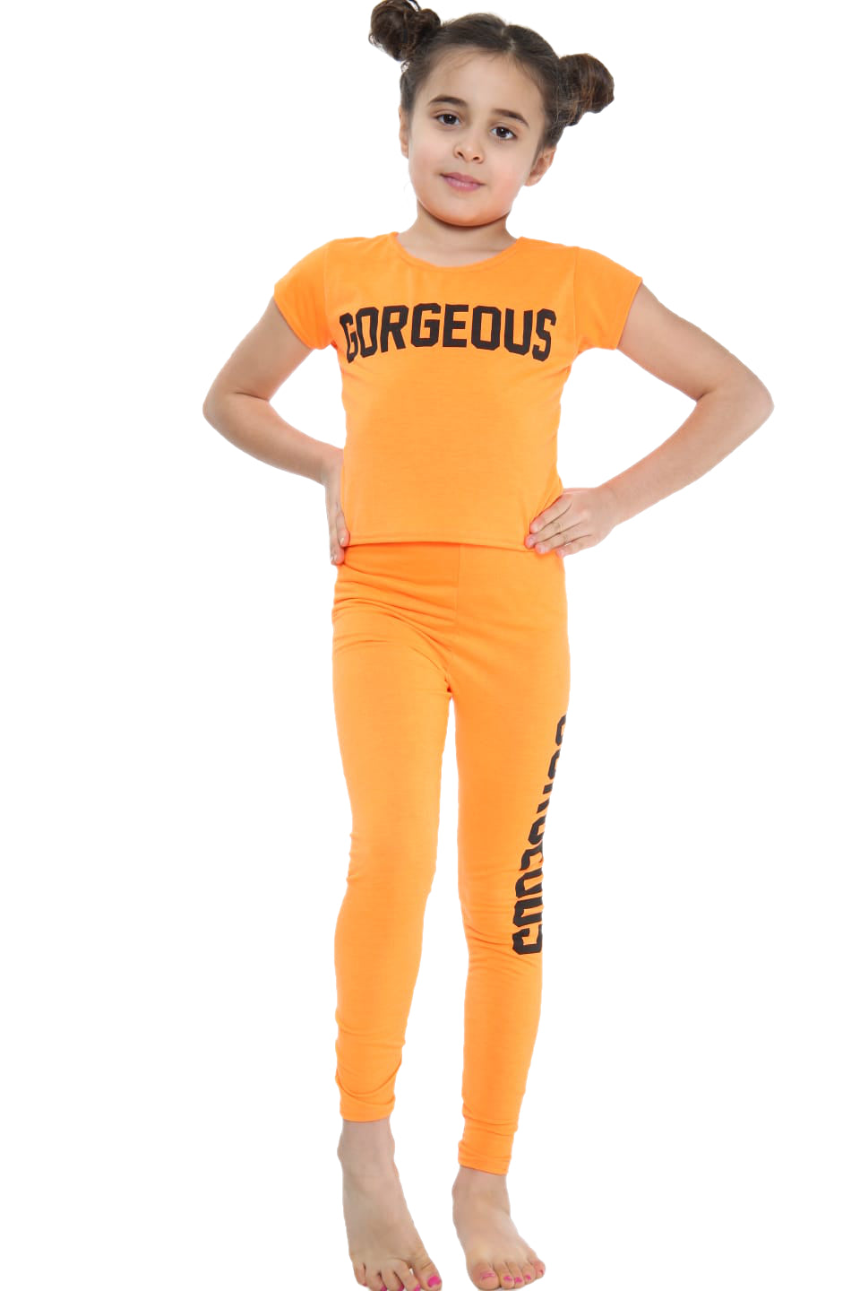 Girls Gorgeous Print Neon Crop Top & Leggings Set - Orange
