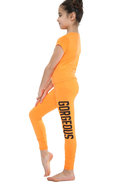 Girls Gorgeous Print Neon Crop Top & Leggings Set - Orange