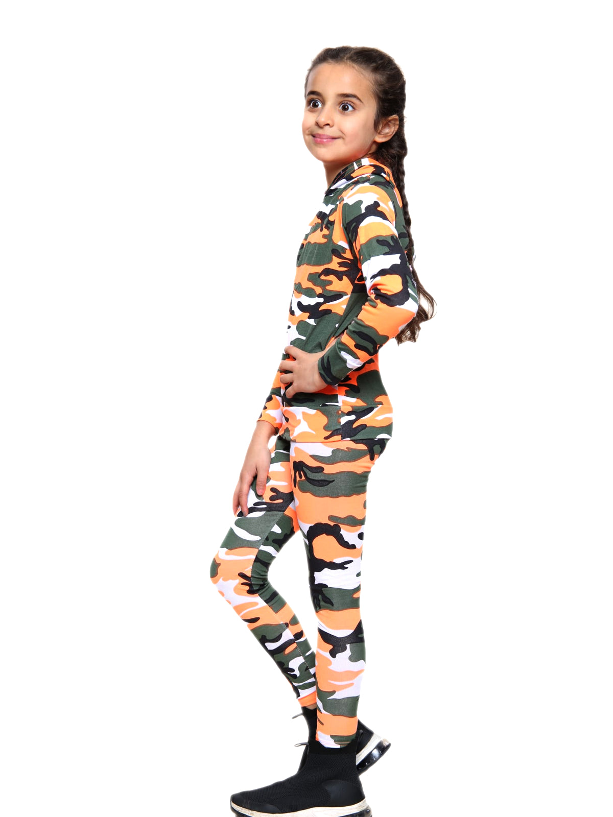 Girls Camouflage Hooded Top and Leggings Tracksuit - Orange