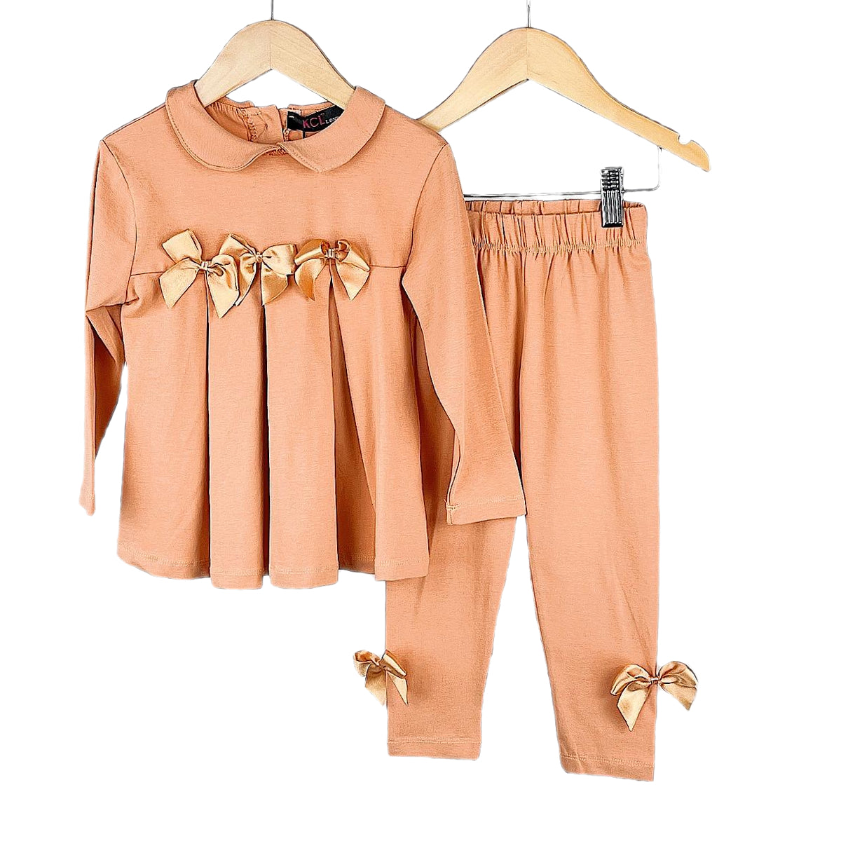 Girls Bow Pleated Top & Leggings Set - Peach