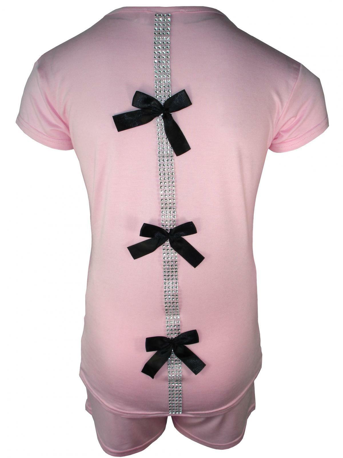 Girls Pyjama Shorts Set With Back Bow And Diamante Strip