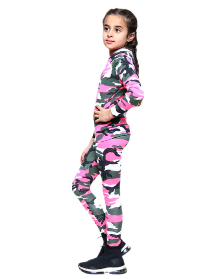 Girls Camouflage Hooded Top and Leggings Tracksuit - Pink