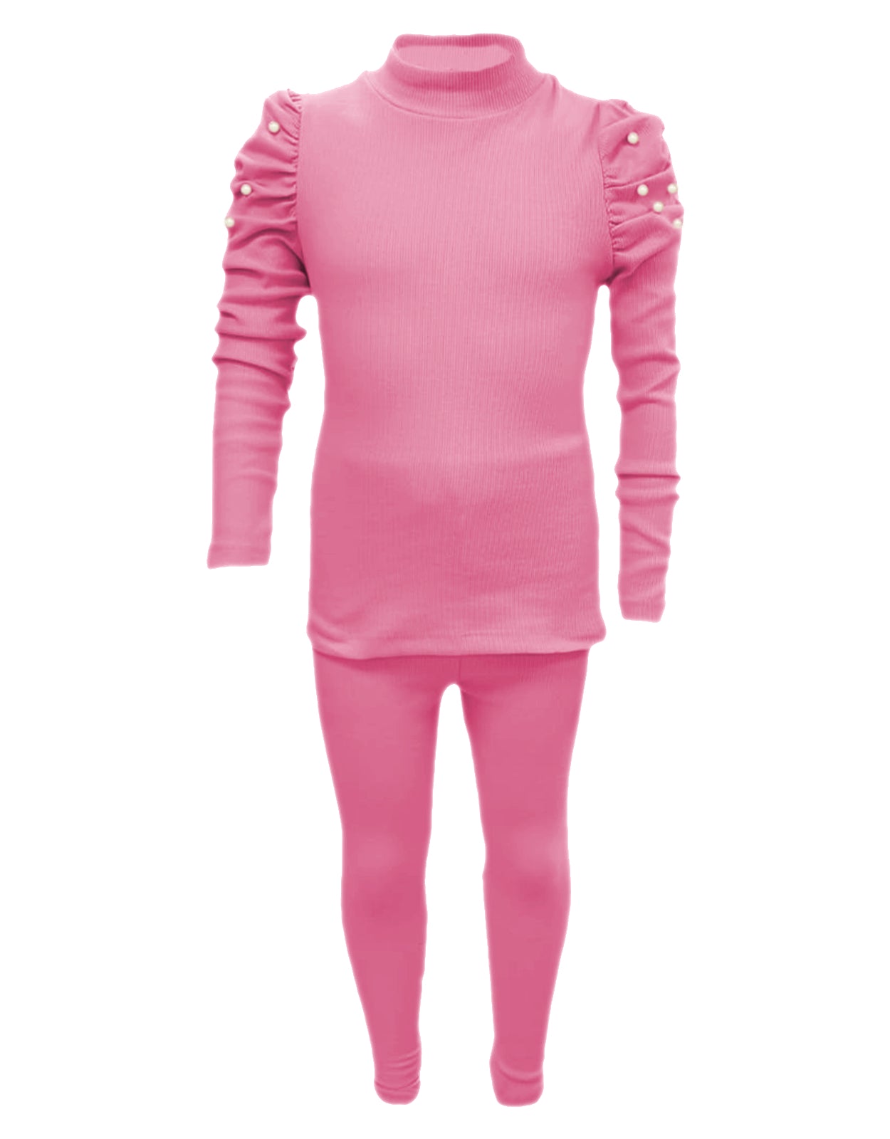 Girls Ribbed Ruched Sleeve Pearl Outfit - Pink