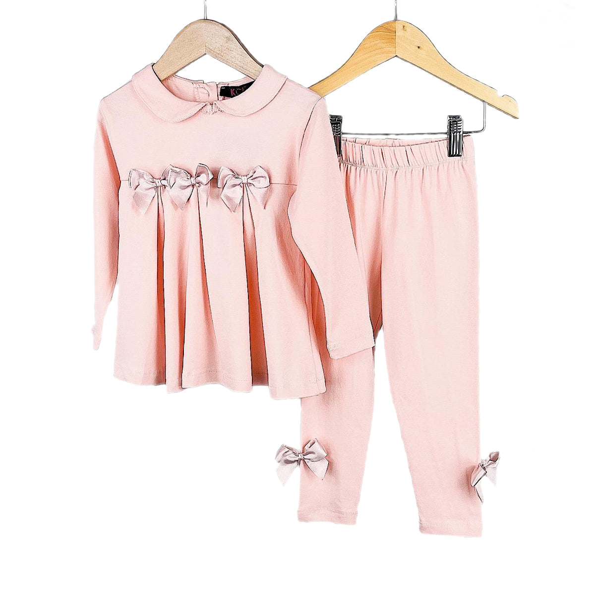 Girls Bow Pleated Top & Leggings Set - Pink