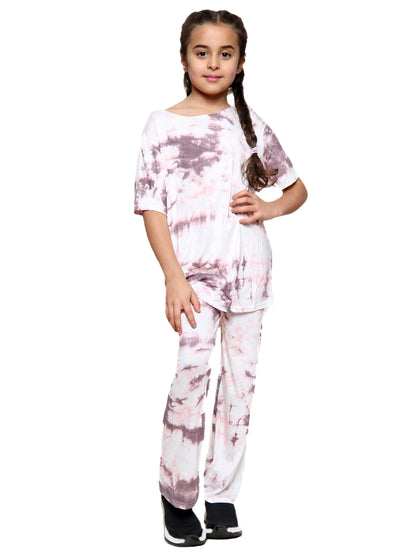 Girls Tie Dye Pyjamas T-Shirt and Leggings Set - Purple