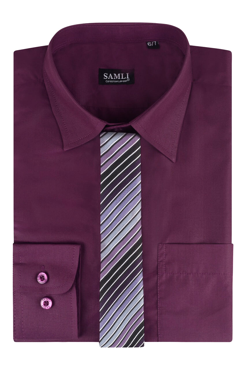 Boys Formal Shirt With Tie - Plum