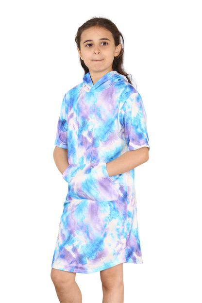 Girls Tie Dye Long Hooded T-Shirt Dress