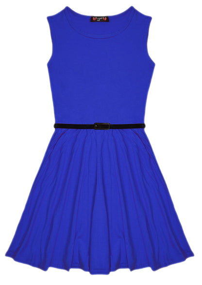 New Girls Plain Retro Skater Dress with Belt Age Size 7 8 9 10 11 12 13 years