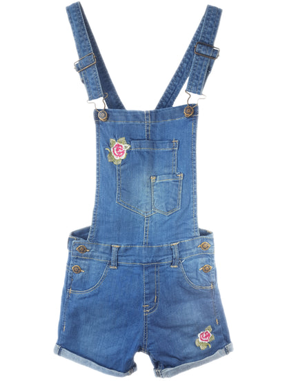 Girls Denim Dungarees - Rose Detailing