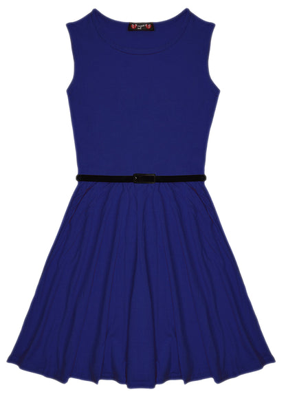 New Girls Plain Retro Skater Dress with Belt Age Size 7 8 9 10 11 12 13 years