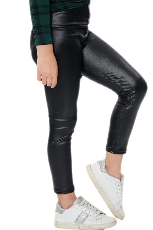 Girls Metallic Black Shiny Stretch Leggings 5-14 Years