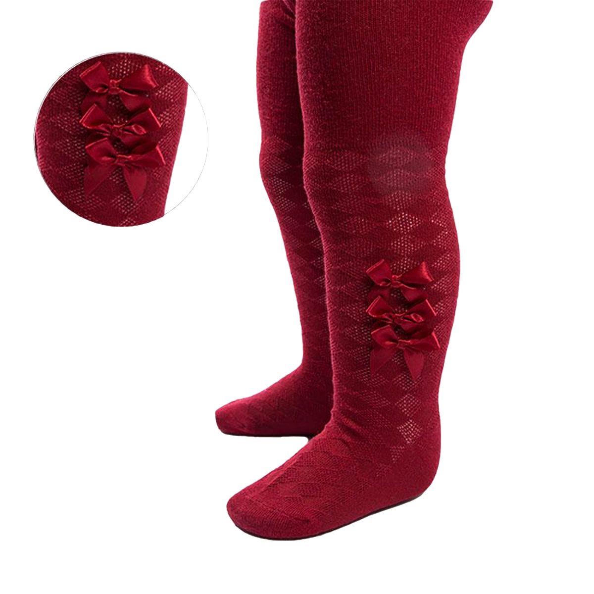 Baby Girls Bow Ribbon Tights - Wine Red