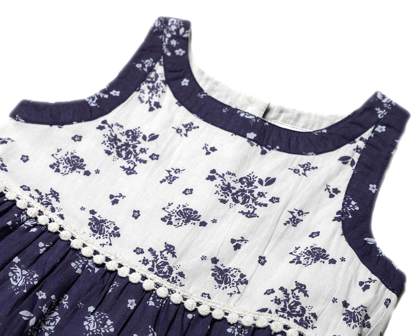 Girls Cotton Summer Patterned Dresses - Navy and White