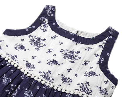 Girls Cotton Summer Patterned Dresses - Navy and White