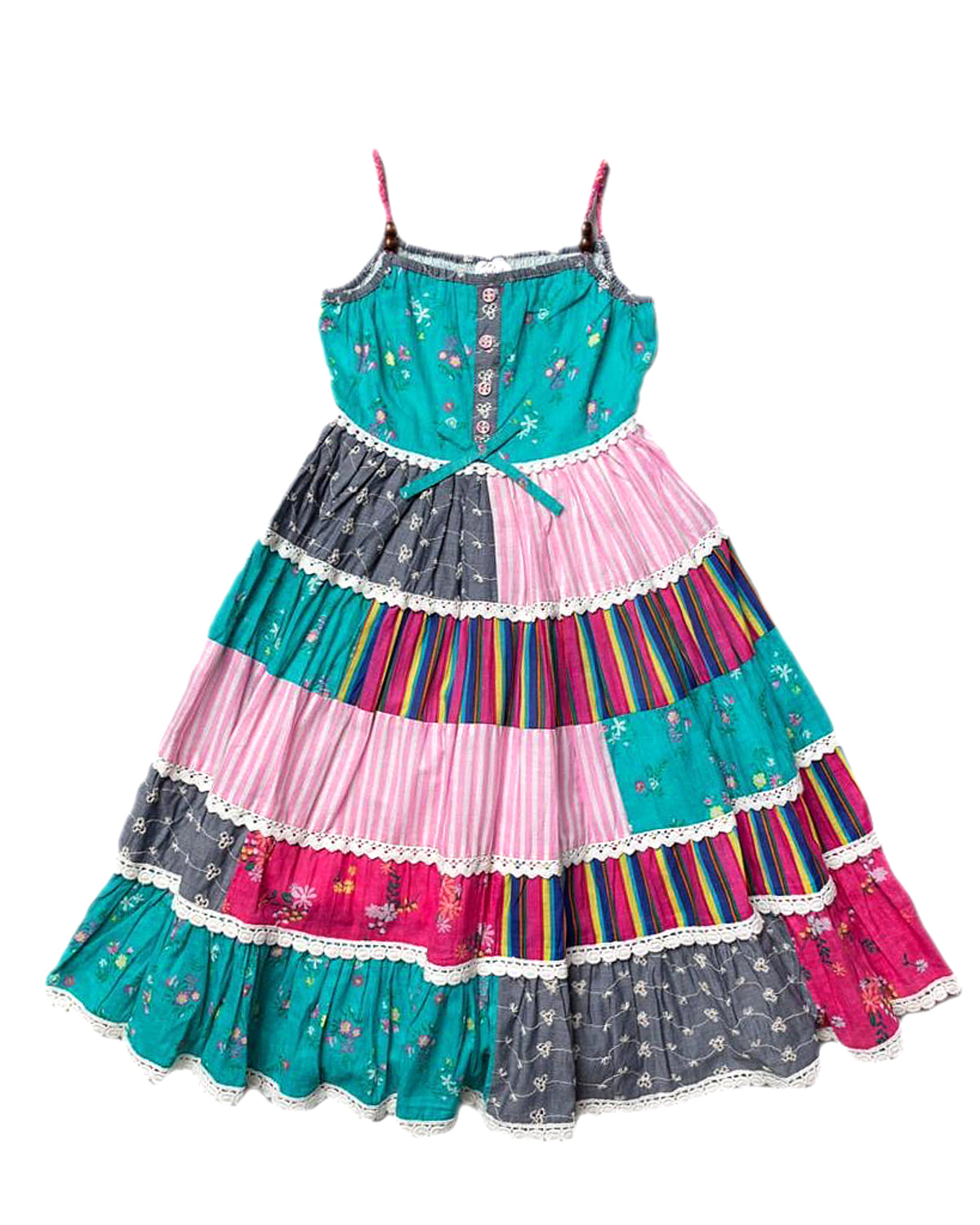 Girls Cotton Summer Patterned Dresses - Green and Pink