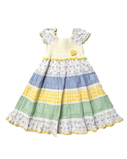 Girls Cotton Summer Patterned Dresses - Yellow