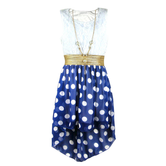 Girls Asymmetrical Polka Dots Dress - Navy Dots