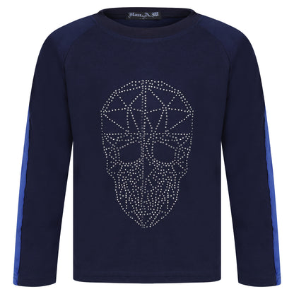 Boys Silver Skull Face Studded Tops - Navy