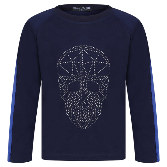 Boys Silver Skull Face Studded Tops - Navy