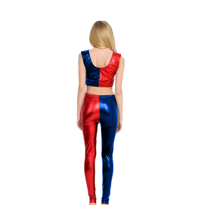 Girls Harley Quinn Vest Crop Top and Hot Pants / Leggings Set Red Blue 3-14 years