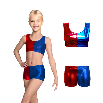 Girls Harley Quinn Vest Crop Top and Hot Pants / Leggings Set Red Blue 3-14 years