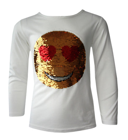 Girls Funny Face Brush Changing Sequin Tops - White