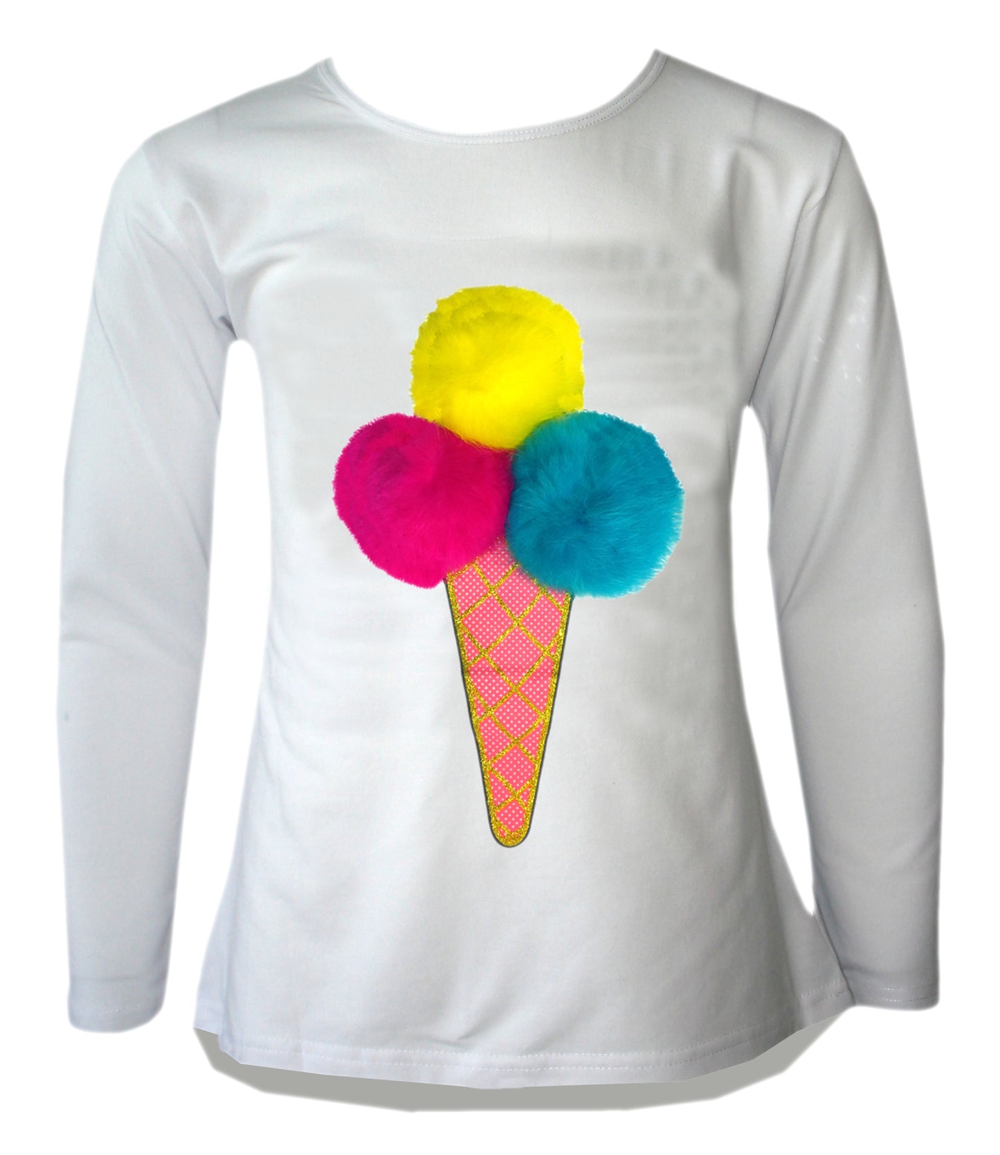 Girls Ice Cream Cone Pom Pom Scoops Top - White